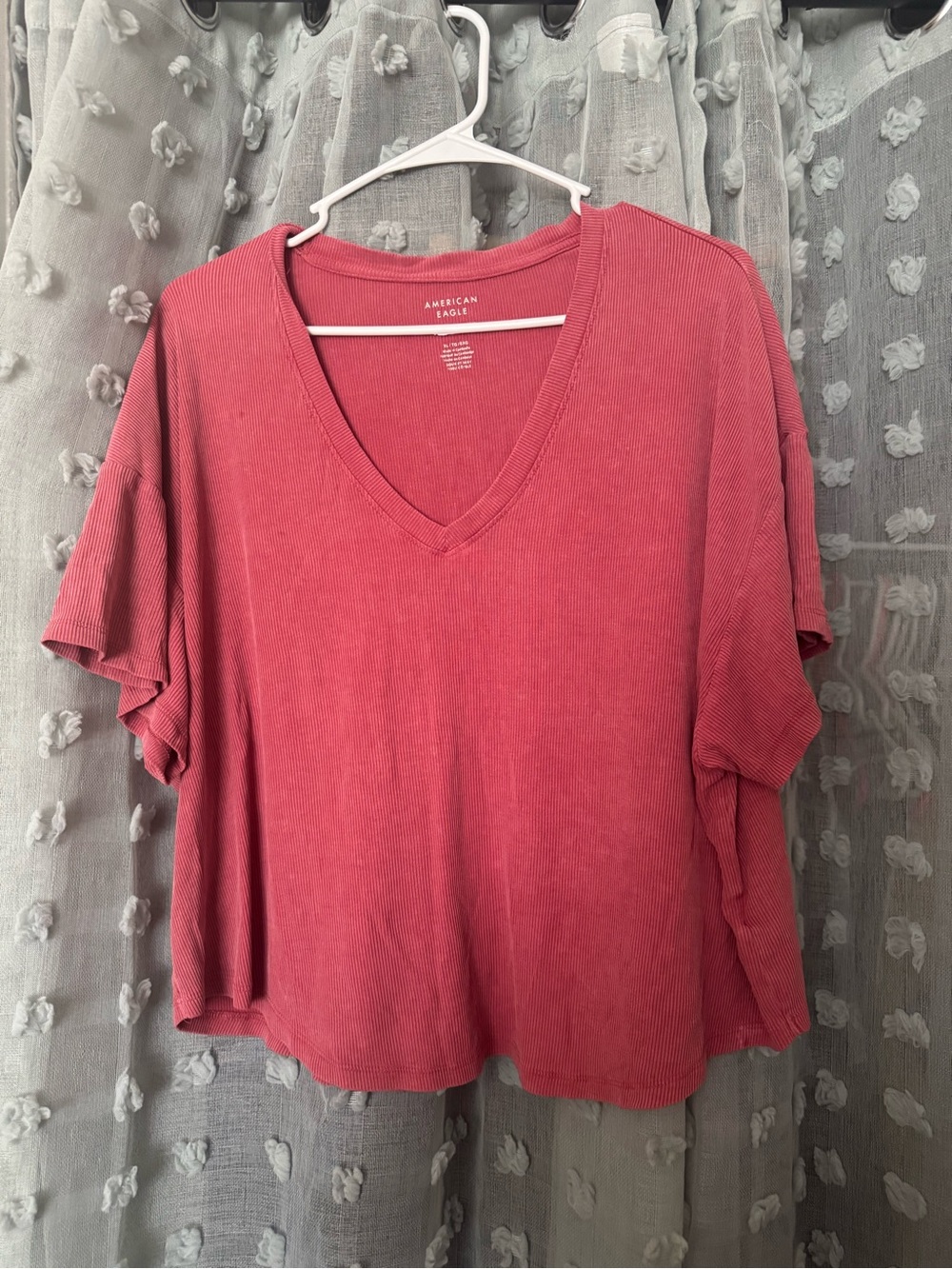 American Eagle Outfitters Pink V-Neck Ribbed Short Sleeve Top